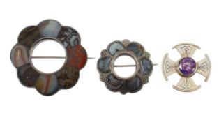 A Scottish hard stone cloak pin, a small agate pin and a silver brooch