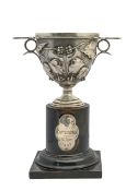 An Edward VII silver skyphos trophy cup on stand