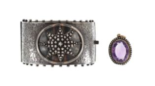 A Victorian bangle and amethyst seed pearl pendant