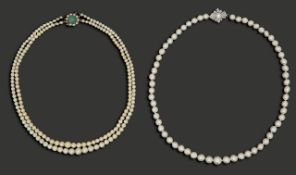 An 18ct diamond clasp pearl necklace and a double row pearl necklace