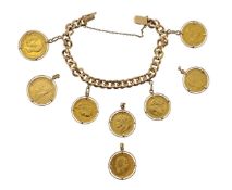 A four gold sovereign charm bracelet and four gold coins