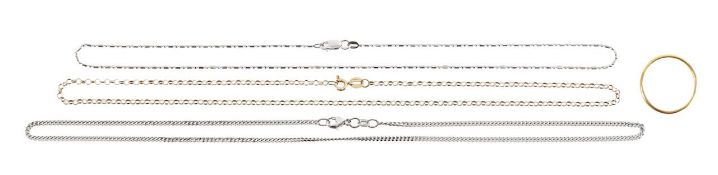 An 18ct curb chain, a fancy link chain and one other