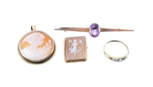 Two 9ct gold cameos, a diamond set ring and an amethyst tie pin
