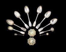 A collection of silver spoons and a pair of Victorian silver salts