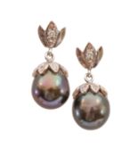 Two pairs of diamond and pearl ear pendants