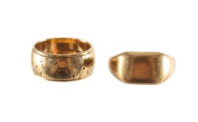 A 9ct gold wedding band and a 9ct signet ring
