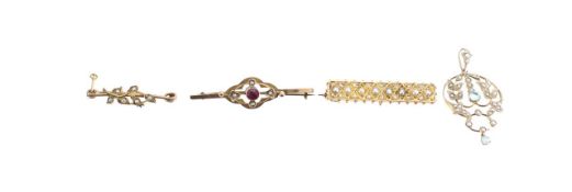 An Edwardian aqua and seed pearl pendant and three bar brooches