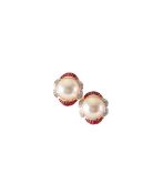 A pair of mabe pearl, ruby & diamond earrings