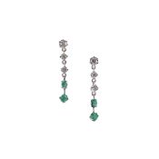 A pair of diamond and emerald ear drops