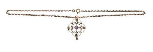 An Edwardian amethyst and seed pearl pendant brooch