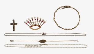 An enamel cross pendant, a bangle and four chains