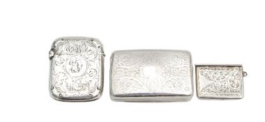 A George III silver snuffbox, a Victorian vesta case and a stamp box
