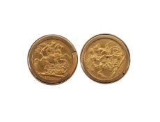 An Edward VII and George V gold full sovereign pair of cufflinks, in 9ct gold mounts