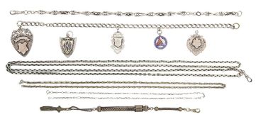 A group of eight silver watch chains and fob medals