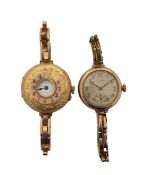 An 18ct gold half hunter lady's manual wind wristwatch, and a Waltham 9ct gold wristwatch
