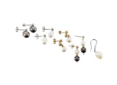 A collection of pearl and diamond earrings