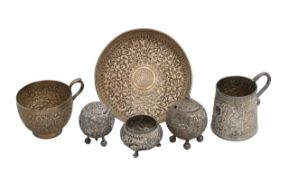 An Indian silver cruet set, two mugs and saucer