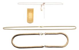 A 9ct fancy link chain, pearl pendant & chain and an Italian flat snake chain