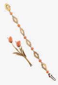 A coral flower brooch and a coral fancy link bracelet