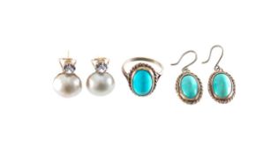 A pair of mabe pearl ear studs, turquoise ring and ear pendants