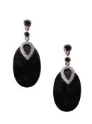 An 18ct pink tourmaline and diamond pendant, a sapphire and diamond ear pendant, and onyx ear pendan