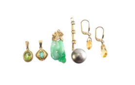 A pair of citrine drop earrings and four pendants