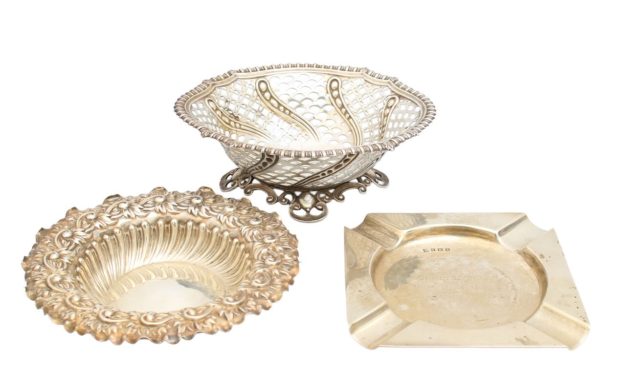Two Victorian dishes and a George V silver ashtray