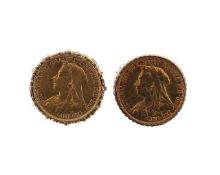 Two Victorian gold full sovereigns in 9ct gold mounts