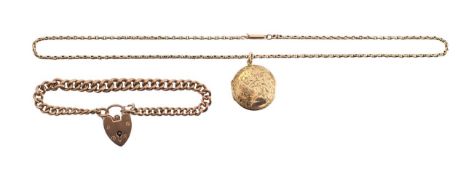 A 9ct gold locket necklace, and a 9ct gold heart lock bracelet