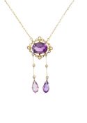 An Edwardian amethyst and diamond pendant necklace