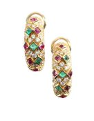 A pair of Continental ruby, emerald and diamond earrings
