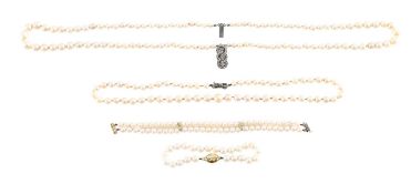 A double row cultured pearl choker, two bracelets and one more