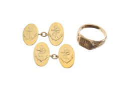 A pair of gold cufflinks, and a 9ct gold signet ring