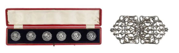 A cased set of six Edward VII silver buttons, and a silver belt buckle