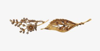 An Edwardian floral seed pearl brooch and a leaf set brooch