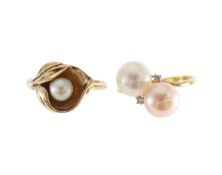 An 18ct gold, diamond and cultured pearl ring and one other