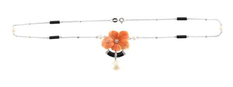 An Art Deco style coral, pearl and diamond necklace