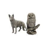 Two silver models, of an owl and a dog
