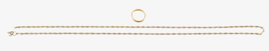 A 22ct gold band ring and a fancy rope link necklace