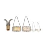 Four silver decanter labels and a silver mounted cork