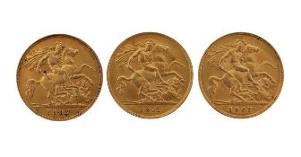 Two Edward VII 1907 and one George V 1912 gold half sovereigns