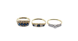 An Art Deco diamond ring, sapphire and diamond ring and one other