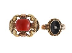 A onyx and diamond mourning ring and one other