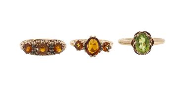 A trio of 9ct gem set rings