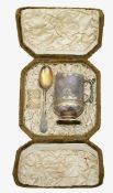 A cased Victorian silver gilt Christening mug and spoon