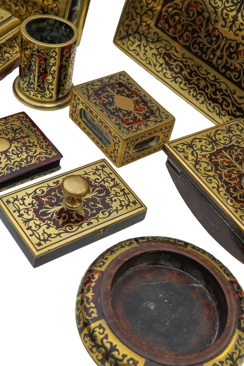 An Edwardian eleven piece boullework desk set - Image 3 of 4