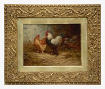 E.S. England (fl. 1890-1910) 'Chickens in a farmyard barn'
