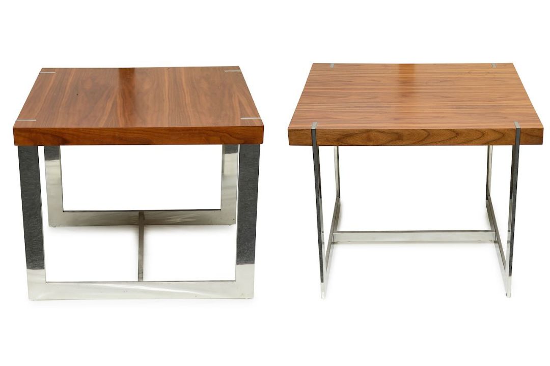 Two Merrow Associates rosewood and chrome side tables
