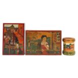 Two Russian folk art painted boxes and a brush pot