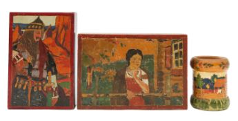 Two Russian folk art painted boxes and a brush pot